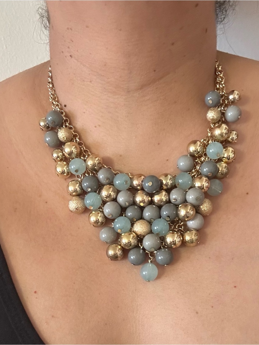 Gold Cluster Statement Necklace with Gray and Aqua Beads - Picture 2 of 2